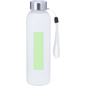 A drink bottle featuring a frosted white body, silver cap, and a removable strap. It has a blank area for custom designs.
