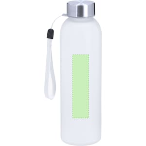 A drink bottle in white with a silver lid and a green accent area for customisation. It features a wrist strap.