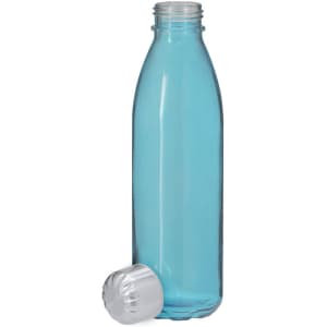 A drink bottle in a vibrant blue colour with a silver cap lying beside it and a logo on the bottle.