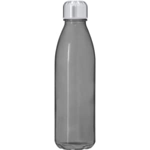 A drink bottle in a sleek grey colour with a silver cap. It features a logo on the side.