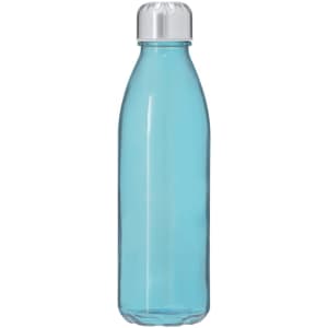 A drink bottle in a clear and light blue colour with a silver cap and a logo.
