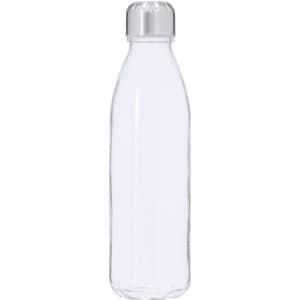 A drink bottle in clear glass with a silver lid, featuring a streamlined design and a logo.