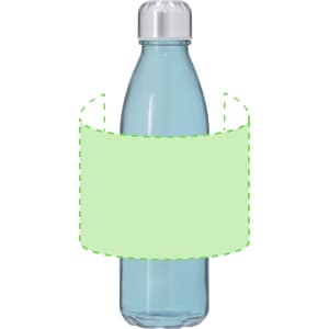 A drink bottle with a transparent blue body and a silver cap, featuring a space for branding or design.