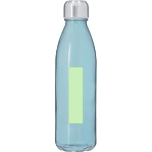 A drink bottle with a transparent body, featuring a light blue hue and a silver screw-cap. It includes a blank area for branding.