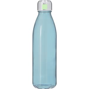 A drink bottle in a transparent light blue colour with a silver cap and a small logo.