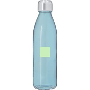 A drink bottle in a clear blue colour with a silver cap and a blank label area for customisation.