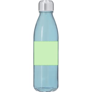 A drink bottle in a transparent blue colour with a silver cap and a blank green label.