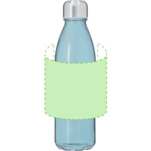 A drink bottle with a transparent blue body and a silver cap, featuring a green label area.