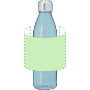 A drink bottle with a clear body and silver cap, featuring a green label area for customization.