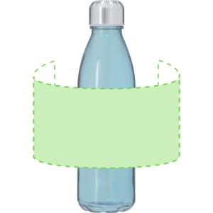 A drink bottle in light blue with a silver cap, featuring an empty green label.