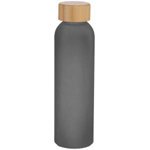 A drink bottle in grey with a wooden lid. It features a minimalist design and includes a logo.