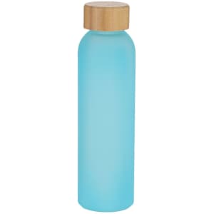 A drink bottle in frosted light blue with a natural wooden lid, featuring a logo.