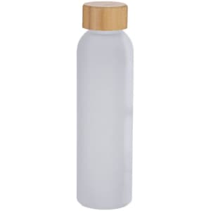 A drink bottle with a frosted white body and a wooden cap, featuring a logo.