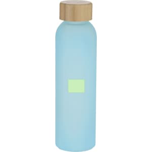 A drink bottle in frosted blue with a wooden cap and a square area for branding.