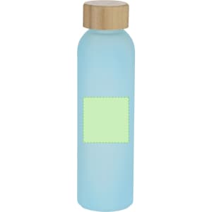 A drink bottle in translucent light blue, featuring a wooden screw cap and a blank section for branding or labels.
