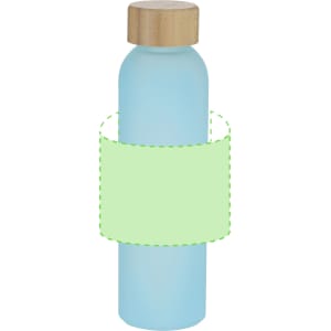 A drink bottle in light blue with a wooden cap and a blank green label wrap around its centre.