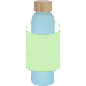 A drink bottle with a frosted blue finish and a wooden lid, featuring a blank area for custom branding.