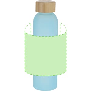 A drink bottle in light blue with a wooden lid and a blank green label area for branding or customisation.