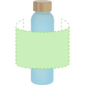 A drink bottle in light blue with a wooden lid, featuring a blank label and a logo on the side.