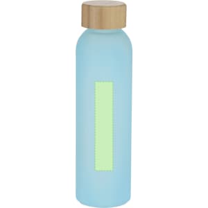 A drink bottle in a pale blue colour with a wooden lid and an empty green label area. It features a logo.