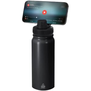 A drink bottle in matte black with a twist-off lid and a smartphone perched on top, displaying a video.