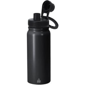 A drink bottle in matte black, featuring a screw-top lid and a built-in handle. It has a logo on the front.