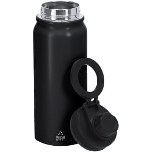 A drink bottle made of black insulated stainless steel with a removable lid, featuring a handle.