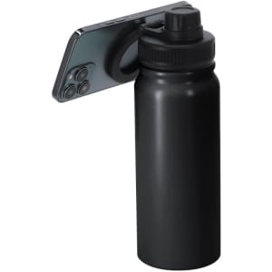 A drink bottle in matte black with a twist-off lid, featuring a holder for a phone. Includes a logo on the side.