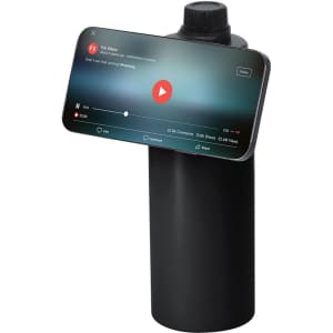 A drink bottle in black with a screw-on lid, featuring a smartphone holder for hands-free viewing.