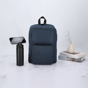 A drink bottle in matte black beside a backpack on a marble surface, with a phone and decorative vase in the background.