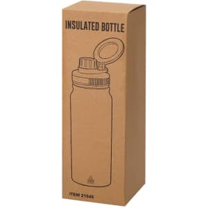 A drink bottle in a cardboard box featuring an insulated design, with a screw-on lid and a logo.