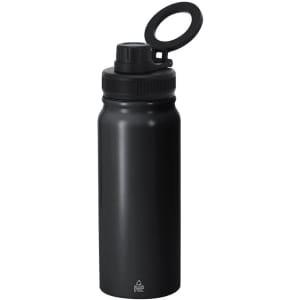 A drink bottle in matte black, featuring a screw-on lid and a carrying loop, with a simple branding logo.