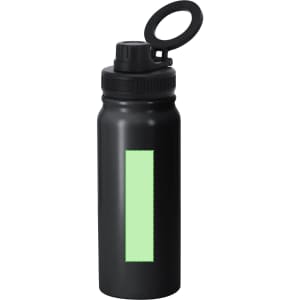 A drink bottle in black with a green rectangular area and a black lid featuring a handle. It has a logo.