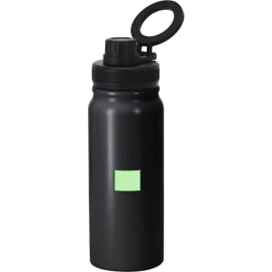 A drink bottle in black with a black lid and a loop handle, featuring a square green area.