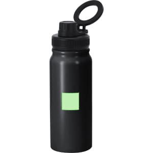 A drink bottle in matte black with a green square and a black cap featuring a looped handle, including a logo.
