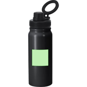 A drink bottle in matte black with a wide lid and a carry loop, featuring a blank green label area.