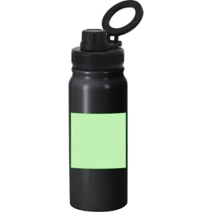 A drink bottle in black with a green label area and a black loop lid for easy carrying.