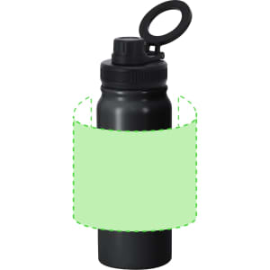 A drink bottle in black with a twist cap and a handle, featuring a plain light green label area for customisation.