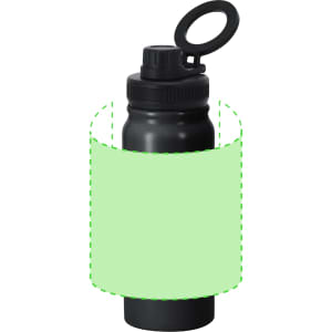 A drink bottle with a black body and a screw-on lid, featuring a handle on top. It has a logo on the side.
