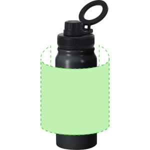 A drink bottle in black with a screw-top lid and a carrying loop, featuring a blank green label area.
