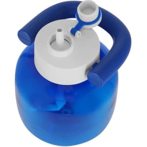 A blue drink bottle with a white lid and spout, featuring a handle for easy carrying and a logo.