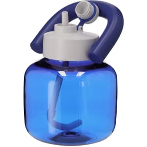A drink bottle in blue with a white lid and handle, featuring a spout and straw attachment, along with a logo.