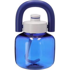 A drink bottle with a transparent blue body and a white lid, featuring a blue handle and a built-in straw.