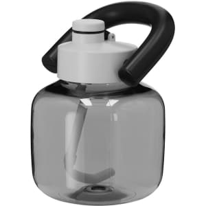 A drink bottle featuring a transparent grey body with a black handle and a white lid. It has a built-in straw.