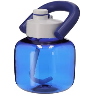 A drink bottle in translucent blue with a white lid and large handle, featuring a built-in straw.