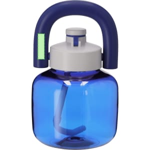 A drink bottle in blue with a grey and navy handle, featuring a lid and a built-in straw. It has a logo.
