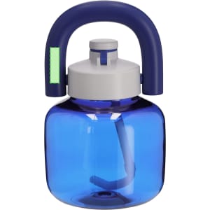 A drink bottle with a blue translucent body and a grey lid featuring a carry handle and a straw attachment.