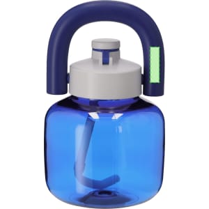 A drink bottle featuring a blue body and a grey screw cap, with a large blue handle and a small logo.