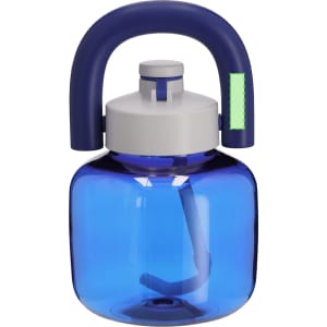 A drink bottle in blue with a grey lid and a handle, featuring a design for easy gripping. It includes a logo.