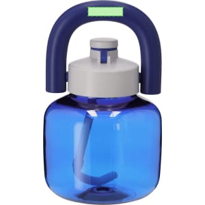 A drink bottle featuring a blue transparent body and a navy blue handle, with a white lid and a logo.